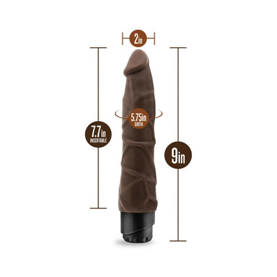 Chocolate-colored 9-inch vibrating dildo with detailed veins and measurements for length, girth, and insertable size.