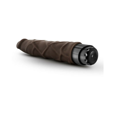 Chocolate-colored 9-inch vibrating adult toy with textured veined design and black twist dial base.