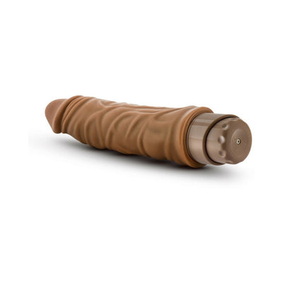 Realistic mocha-colored vibrating adult toy with textured shaft and adjustable dial base on white background.
