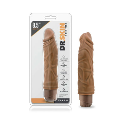 Dr Skin Vibe 10 realistic textured vibrating dong in mocha color with adjustable base, shown in packaging and outside.