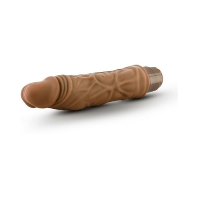 Realistic mocha-colored vibrating adult toy with textured, veined shaft and twist-dial control base.