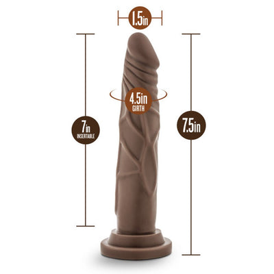 Brown silicone dildo with suction cup base, 7 inches insertable length, 1.5 inch diameter, 4.5 inch girth, realistic texture.