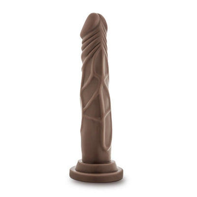 Brown silicone dildo with realistic veining and a sturdy suction cup base, standing upright on a white background.