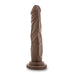 Brown silicone dildo with realistic veining and a sturdy suction cup base, standing upright on a white background.