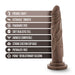 Chocolate brown silicone dildo with suction cup base and labeled features including posable shaft, ultrasilk smooth, phthalate free, and harness compatible.