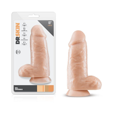 Dr Skin Dr Chubbs Vanilla realistic dildo with suction cup base in light skin tone, shown in packaging and standalone.