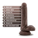 Realistic brown silicone dildo with suction cup base and features list including posable shaft and harness compatibility.