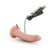 Chocolate-colored 7-inch realistic vibrating dildo with suction cup base and wired remote control with AA batteries.