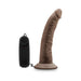 Chocolate-colored 7-inch vibrating dildo with suction cup base and black wired remote control.