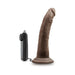 Chocolate-colored 7-inch vibrating dildo with suction cup base and wired remote control on white background.