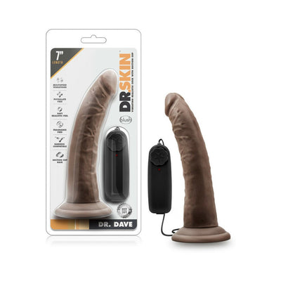 Chocolate-colored 7-inch vibrating realistic dildo with suction cup and black wired remote control next to retail packaging.