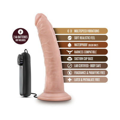 7-inch realistic vibrating dildo in flesh tone with suction cup base and wired remote control, highlighting key features.