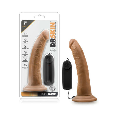 Chocolate-colored 7-inch vibrating realistic dildo with suction cup base and wired remote control, shown in packaging and standalone.