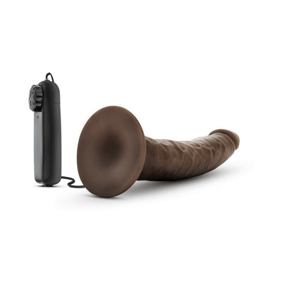 Chocolate-colored 7-inch vibrating dildo with suction cup base and attached black remote control.