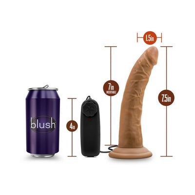 Chocolate-colored 7.5-inch vibrating dildo with suction cup base and black remote, shown next to a soda can for size comparison.
