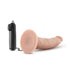 7 inch realistic vibrating dildo in flesh tone with suction cup base and wired remote control on white background.