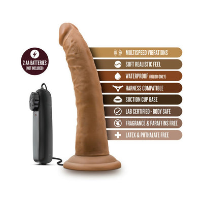 Chocolate-colored 7-inch vibrating dildo with suction cup base and wired remote control, highlighting key features.