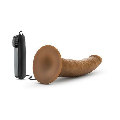 Chocolate-colored 7-inch vibrating dildo with suction cup base and wired remote control on white background.