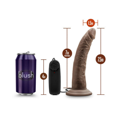 Chocolate-colored 7.5-inch vibrating dildo with suction cup base, remote control, and size comparison to a soda can.