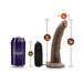 Chocolate-colored 7.5-inch vibrating dildo with suction cup base, remote control, and size comparison to a soda can.