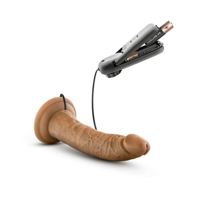 Chocolate-colored 7-inch vibrating realistic dildo with suction cup base and wired remote control with AA batteries.