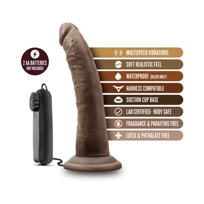 Chocolate-colored 7-inch vibrating dildo with suction cup base and wired remote control, highlighting key features.