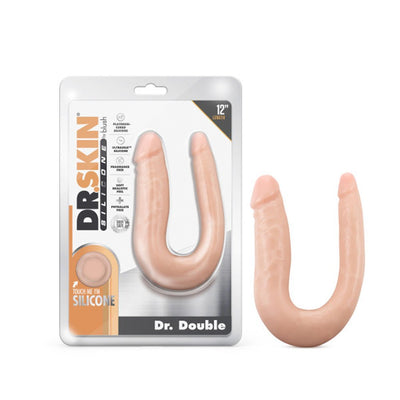 Vanilla-colored flexible double-ended silicone toy with realistic texture, shown in packaging and standalone.