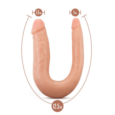 Vanilla-colored U-shaped double-ended silicone toy with one end 1.5 inches wide, the other 1 inch, total length 12.5 inches.