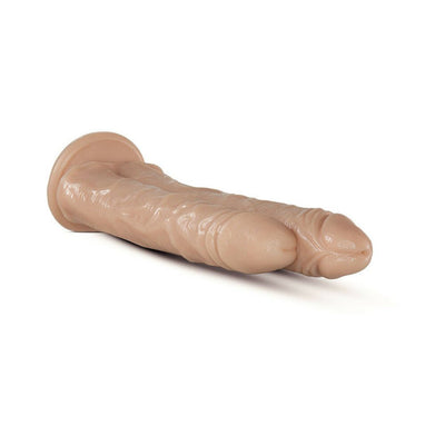 Realistic flesh-toned double-ended dildo with suction cup base for hands-free use and lifelike texture.