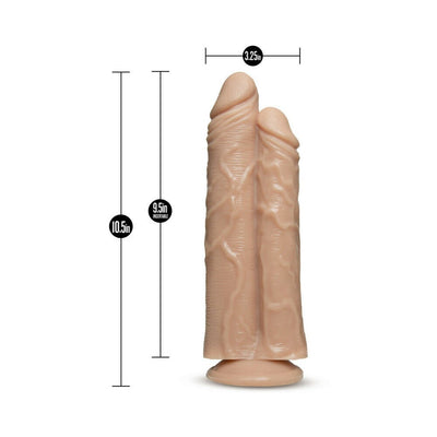 Double-ended realistic flesh-colored dildo with suction base, measuring 10.5 inches tall and 3.25 inches wide.