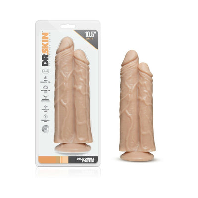 Realistic flesh-toned double shaft dildo with suction cup base, shown in and out of packaging.