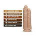 Flesh-colored double shaft dildo with suction cup base and features listed including body safe, latex free, harness compatible, and soft realistic feel.