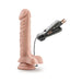 Vanilla-colored 9-inch vibrating realistic dildo with suction cup base and wired remote control with AA batteries shown.