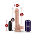Vanilla-colored 9-inch vibrating realistic dildo with suction cup, wired remote, and size comparison to a soda can.