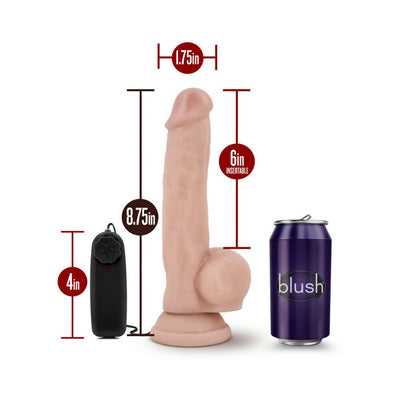 Realistic flesh-toned vibrating dildo with suction base, remote control, and size comparison to a soda can.