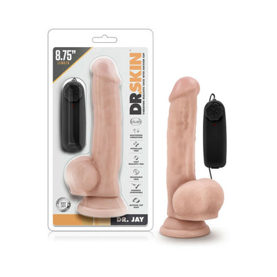 Realistic flesh-toned vibrating dildo with suction cup base and black wired remote control, shown in packaging and standalone.