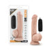 Realistic flesh-toned vibrating dildo with suction cup base and black wired remote control, shown in packaging and standalone.