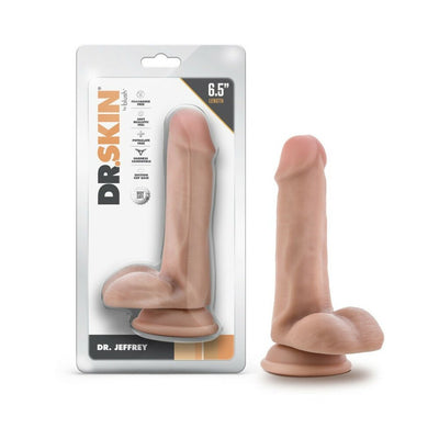 Beige 6.5-inch realistic dildo with suction cup base and balls, shown in packaging and standalone.