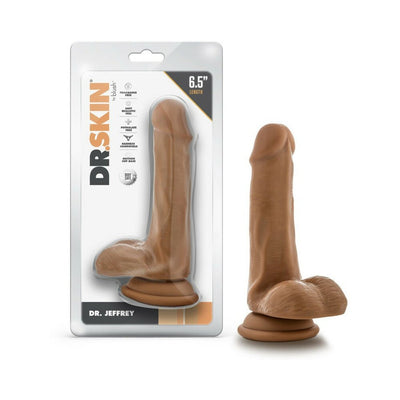 Tan 6.5-inch realistic dildo with suction cup base displayed next to its clear retail packaging.