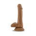 Tan realistic dildo with suction cup base and detailed texture, standing upright on a white background.