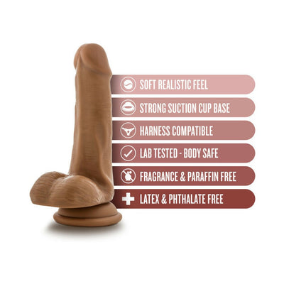 Tan realistic dildo with balls and suction cup base, highlighting soft feel, harness compatibility, and body-safe materials.