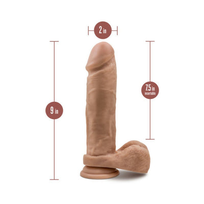 Realistic mocha silicone dildo with suction cup base, measuring 9 inches long and 2 inches wide, with 7.5 inches insertable length.