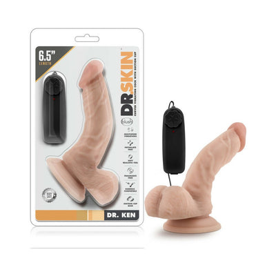 Dr. Ken 6.5-inch vanilla-colored vibrating dildo with suction cup base and black wired remote control next to retail packaging.