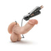 Realistic vanilla-colored vibrating dildo with suction cup base and wired remote control with AA batteries shown.
