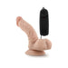 Vanilla-colored 6.5-inch vibrating dildo with suction cup base and black wired remote control.