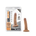 Mocha-colored 5-inch silicone dildo with suction cup base next to its Dr. Skin Dr. Lucas Dong packaging.