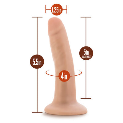 Vanilla-colored silicone dildo with suction cup base, 5.5 inches long and 1.25 inches wide, shown with size measurements.