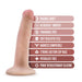 Vanilla-colored realistic silicone dildo with suction cup base and feature highlights listed alongside.