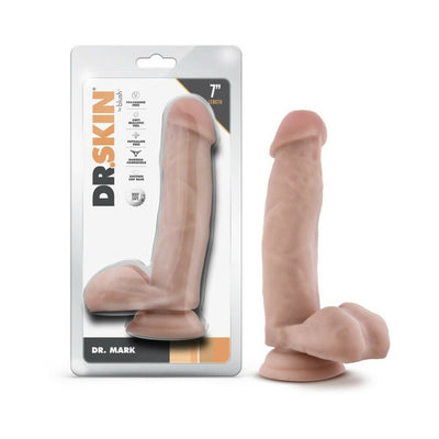 Beige realistic 7-inch dildo with suction cup base and balls, displayed next to its Dr. Skin branded packaging.