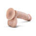 Beige realistic dildo with textured shaft, balls, and suction cup base for hands-free use.